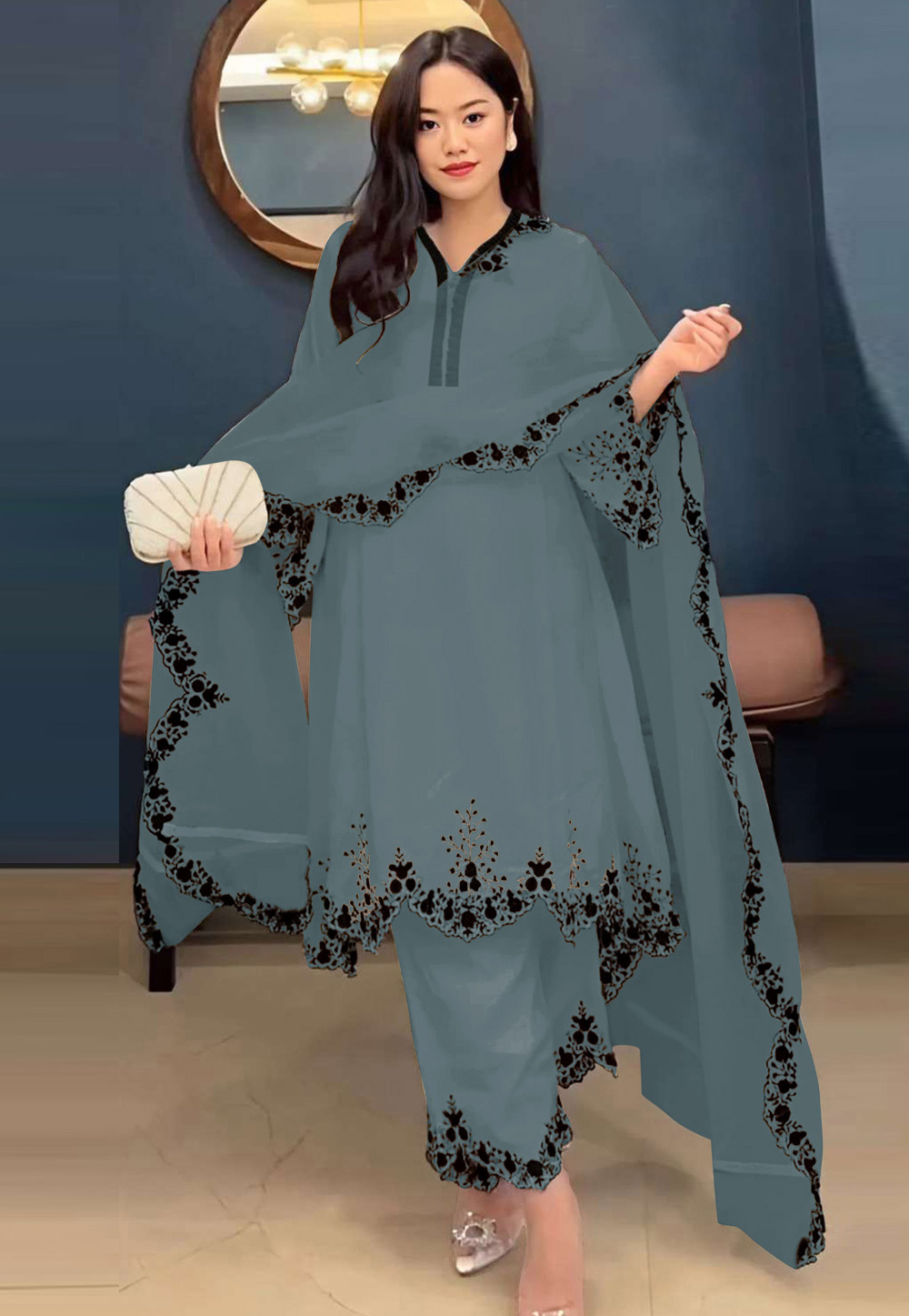 Grey Faux Georgette Readymade Pakistani Suit 309310