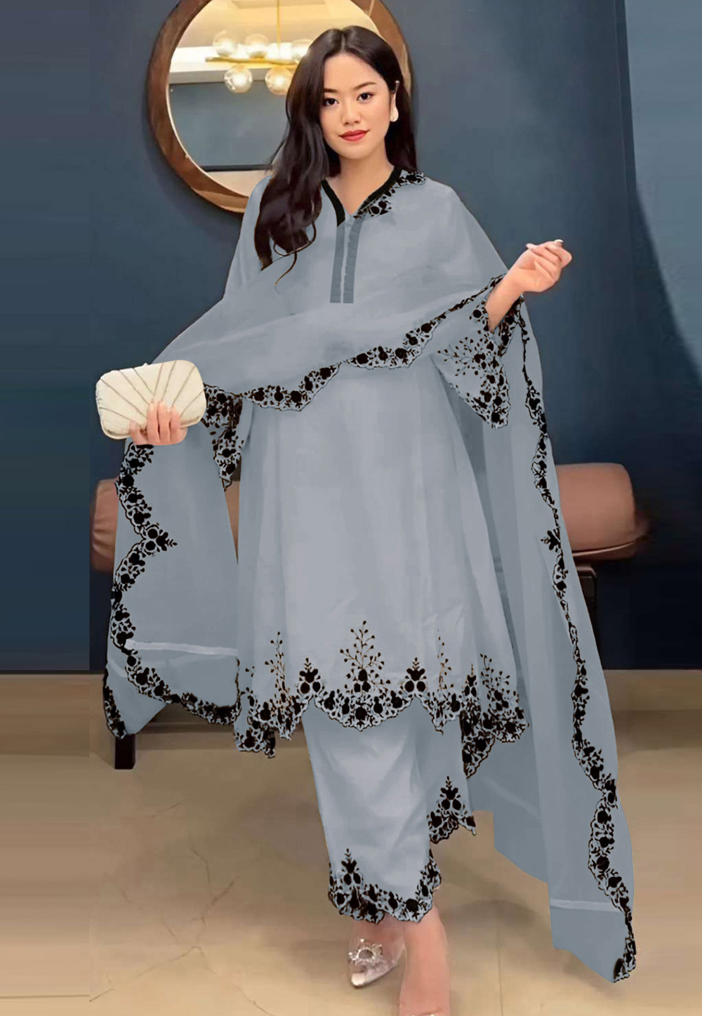 Grey Faux Georgette Readymade Pant Style Suit 309307
