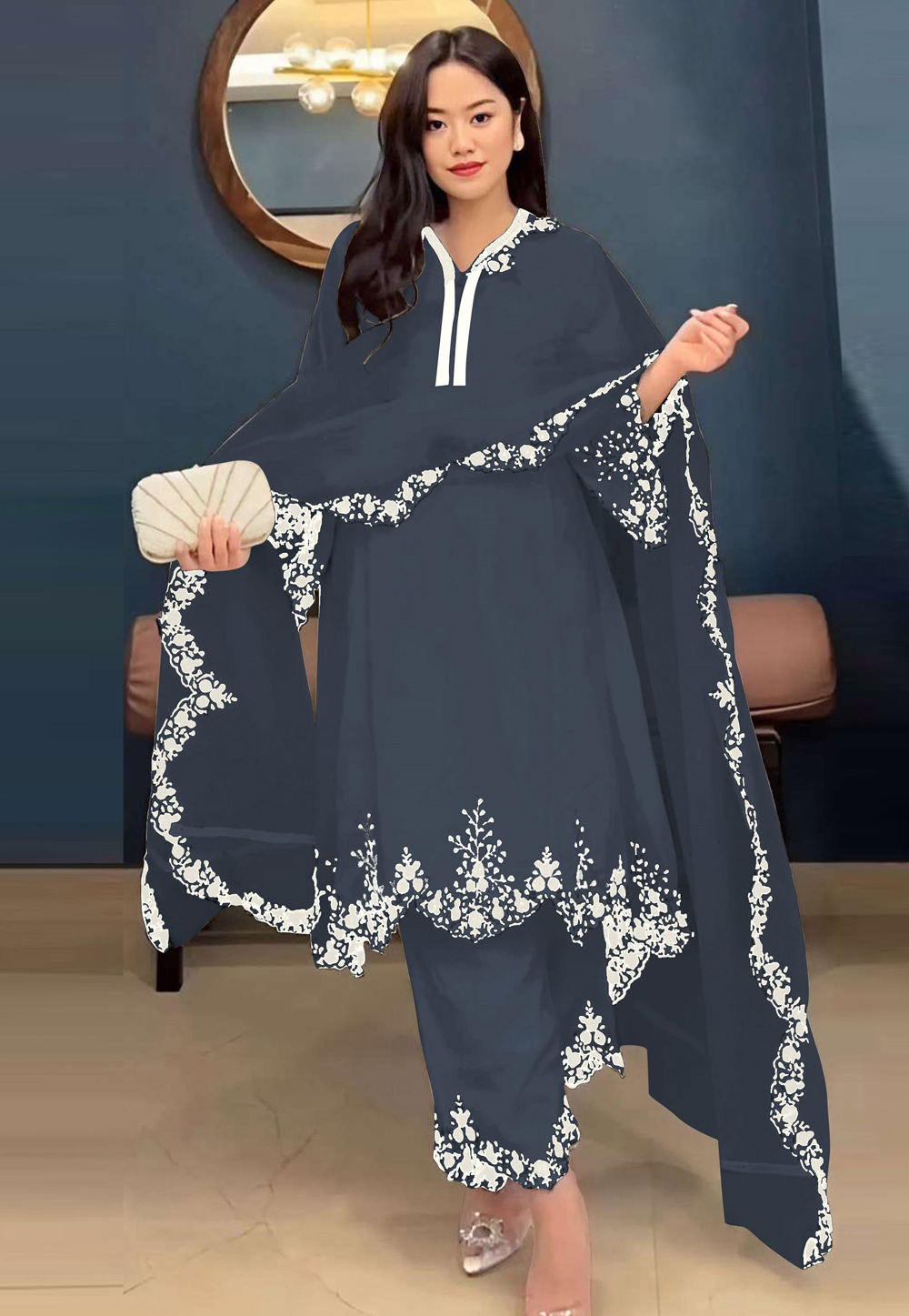Grey Faux Georgette Readymade Pant Style Suit 309313