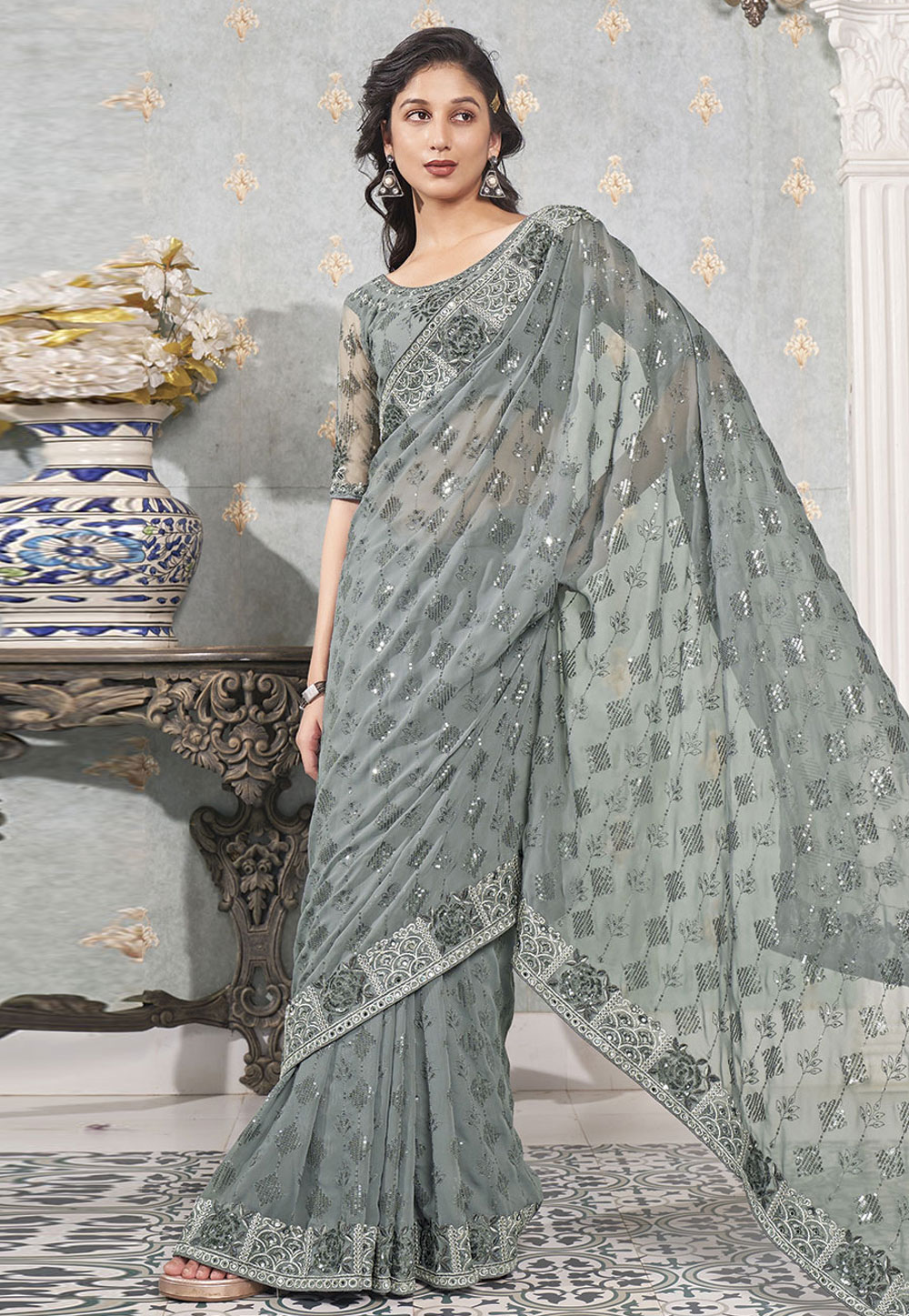Grey Faux Georgette Saree With Blouse 279846