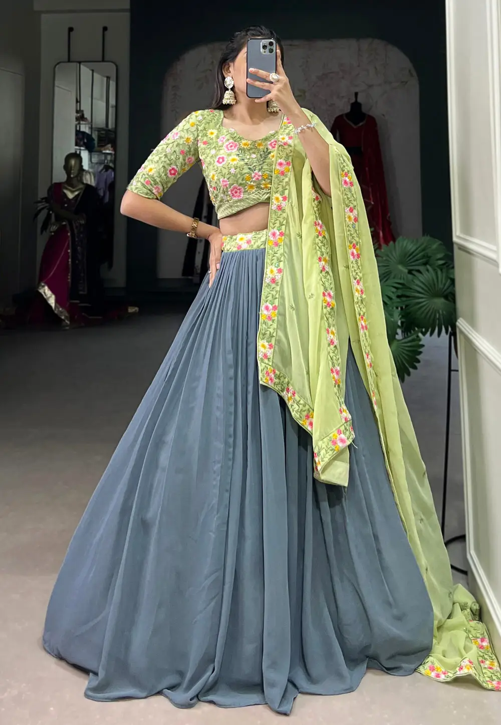 Grey Georgette Circular Lehenga Choli 296479