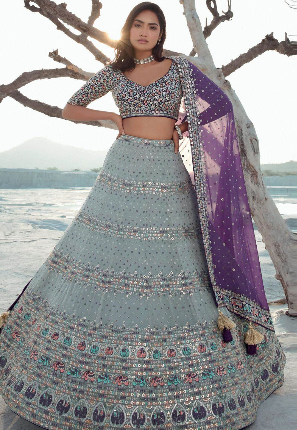 Grey Georgette Circular Lehenga Choli 310243