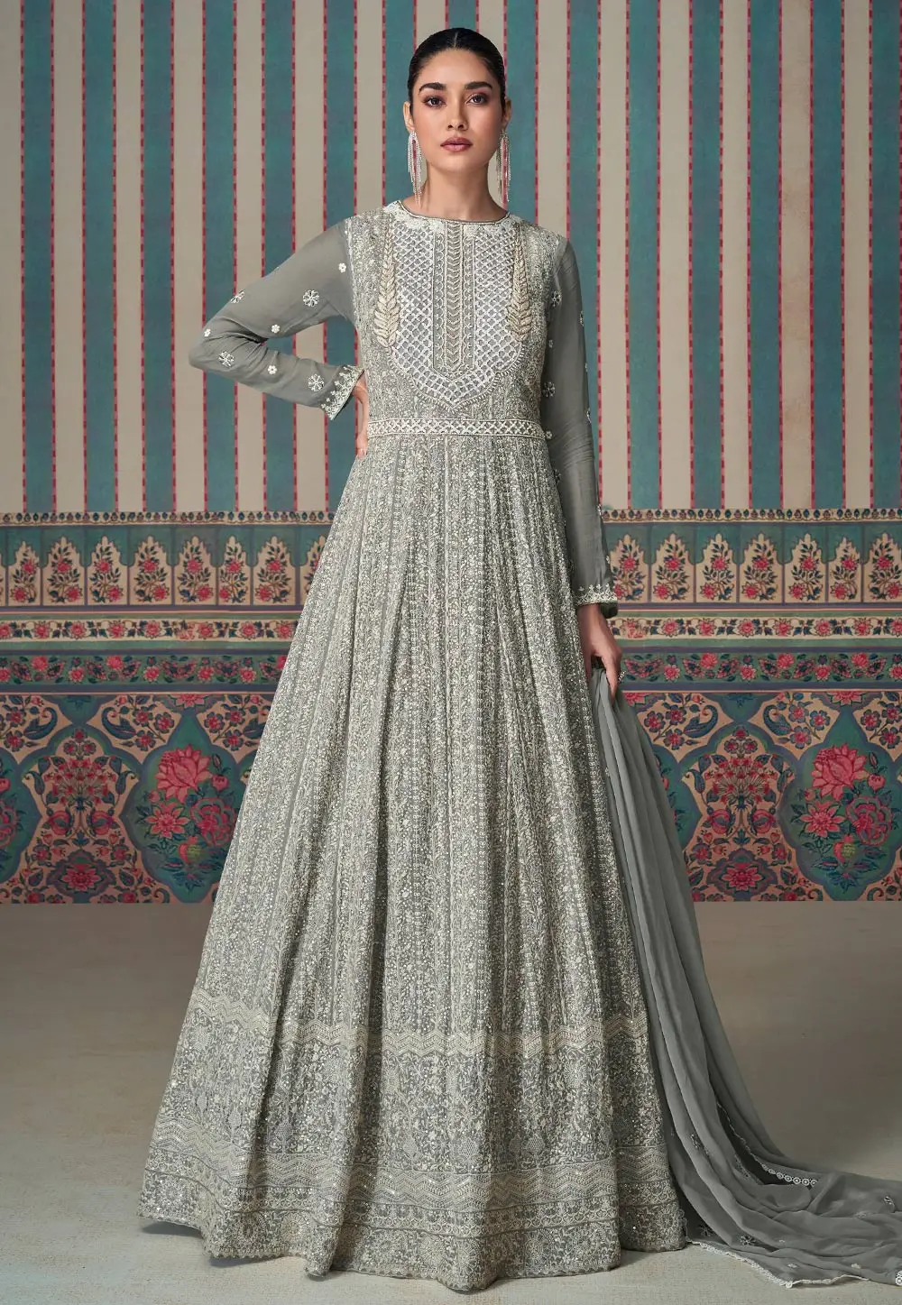 Grey Georgette Embroidered Long Anarkali Suit 295684