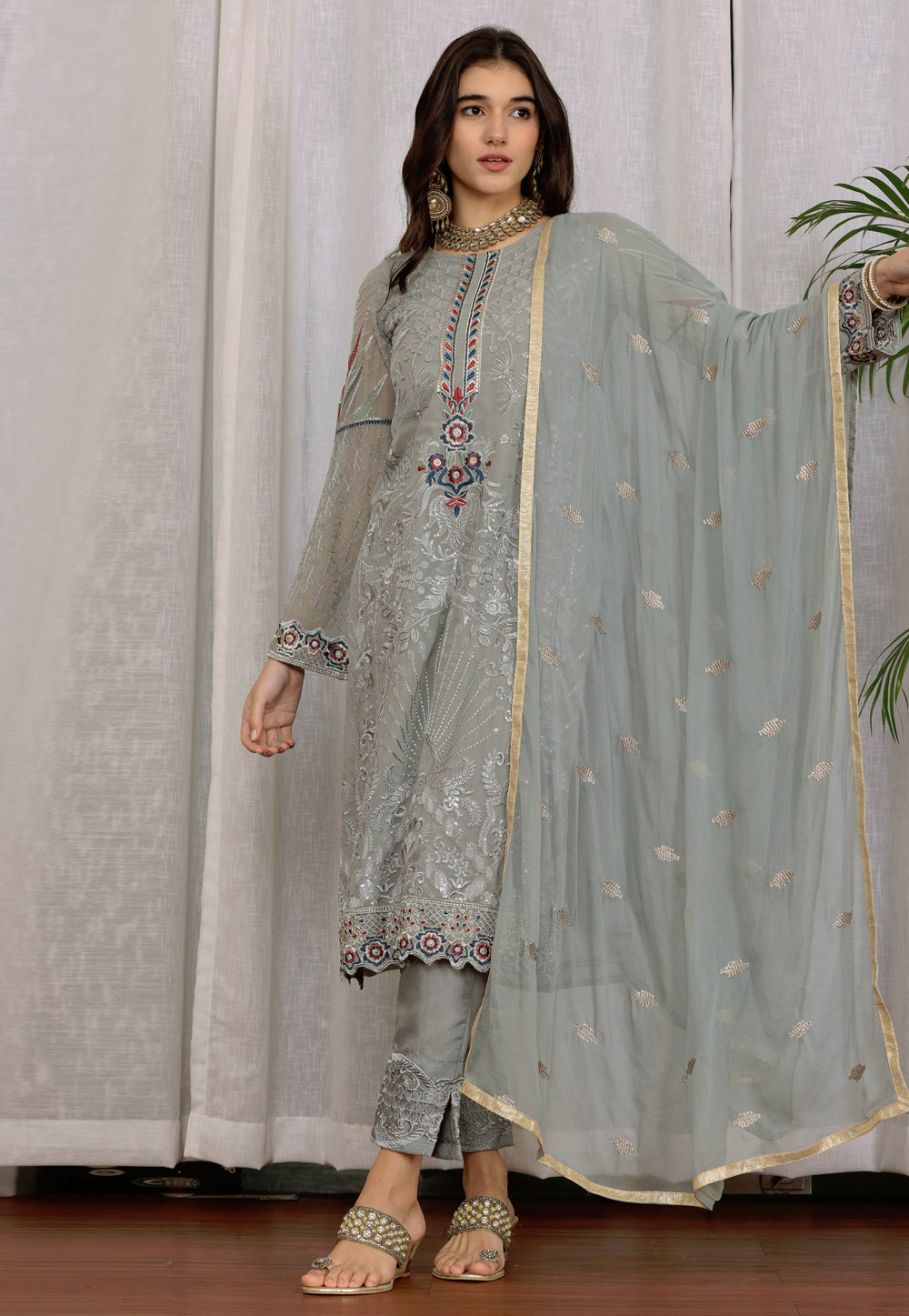 Grey Georgette Pant Style Suit 284398