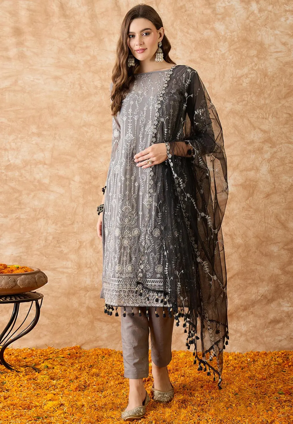 Grey Georgette Pant Style Suit 301606