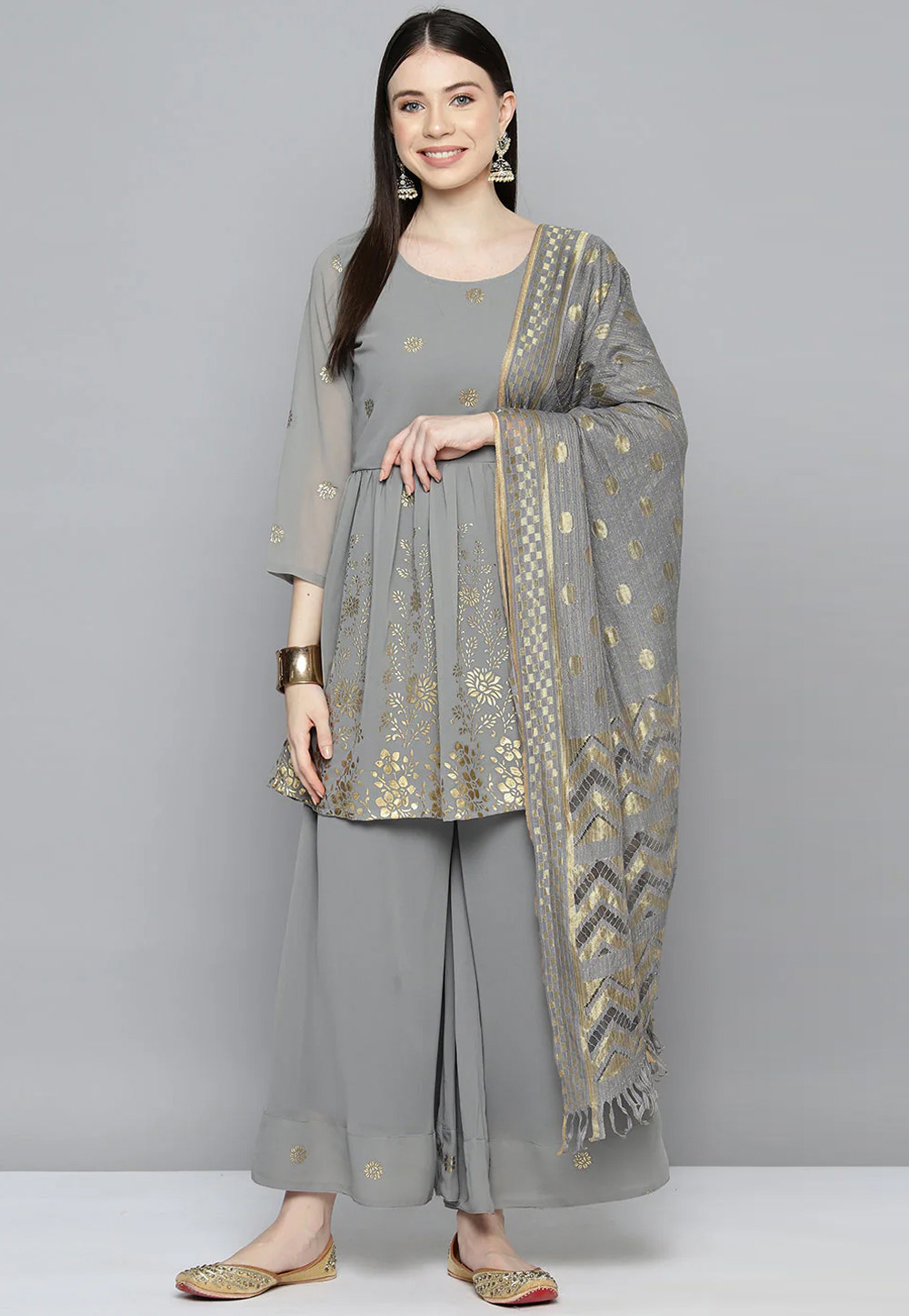Grey Georgette Readymade Palazzo Suit 286489