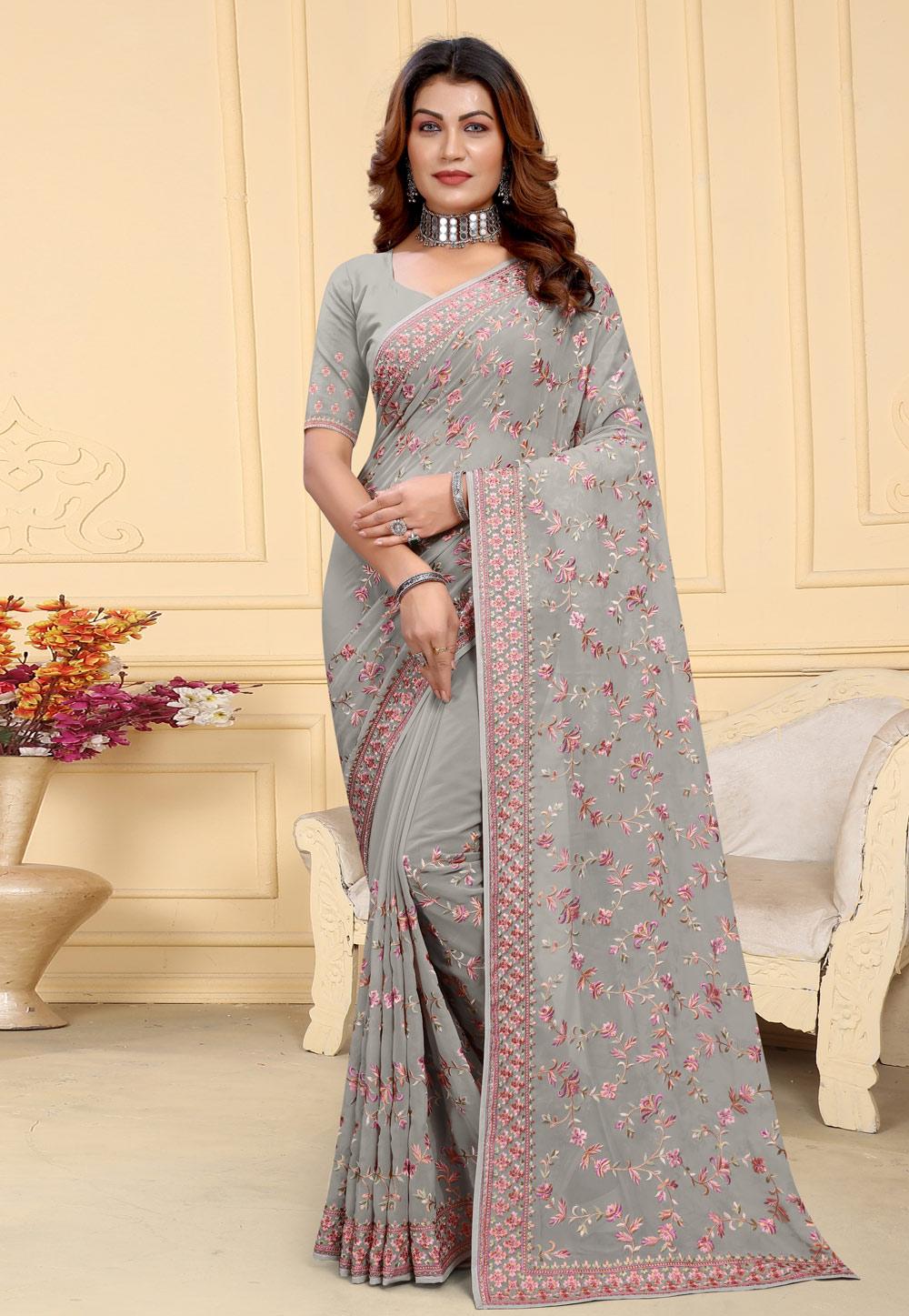 Grey Georgette Saree With Blouse 284202