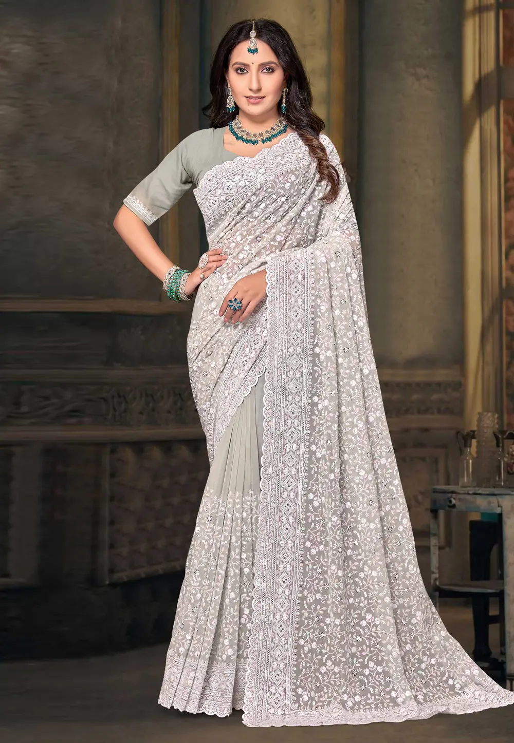 Grey Georgette Saree With Blouse 298622