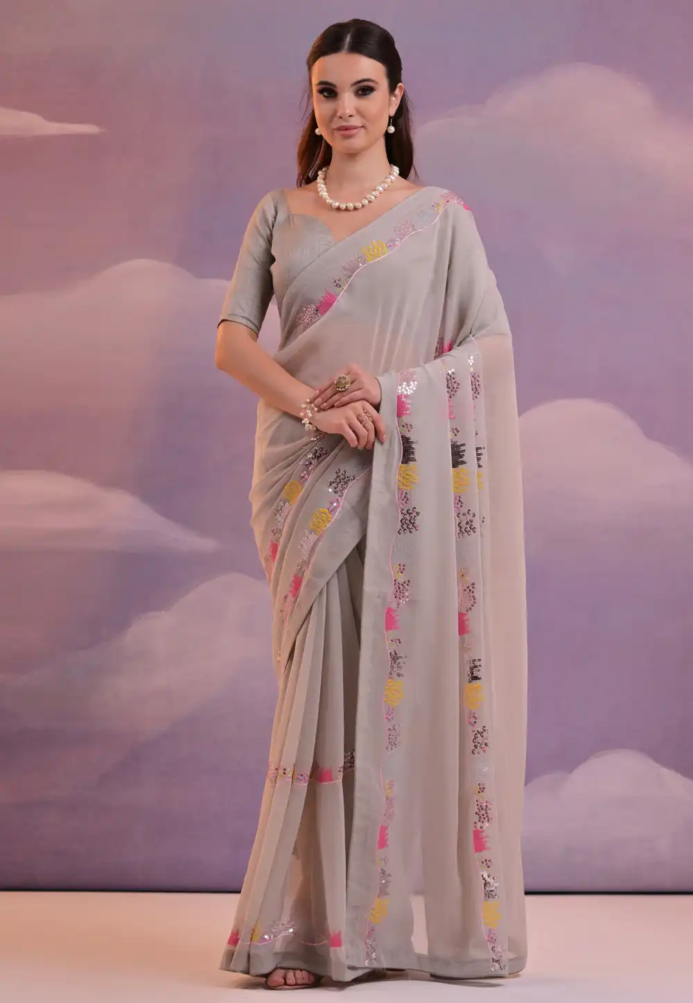 Grey Georgette Saree With Blouse 288446