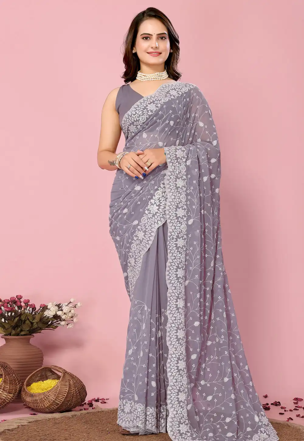 Grey Georgette Saree With Blouse 289056