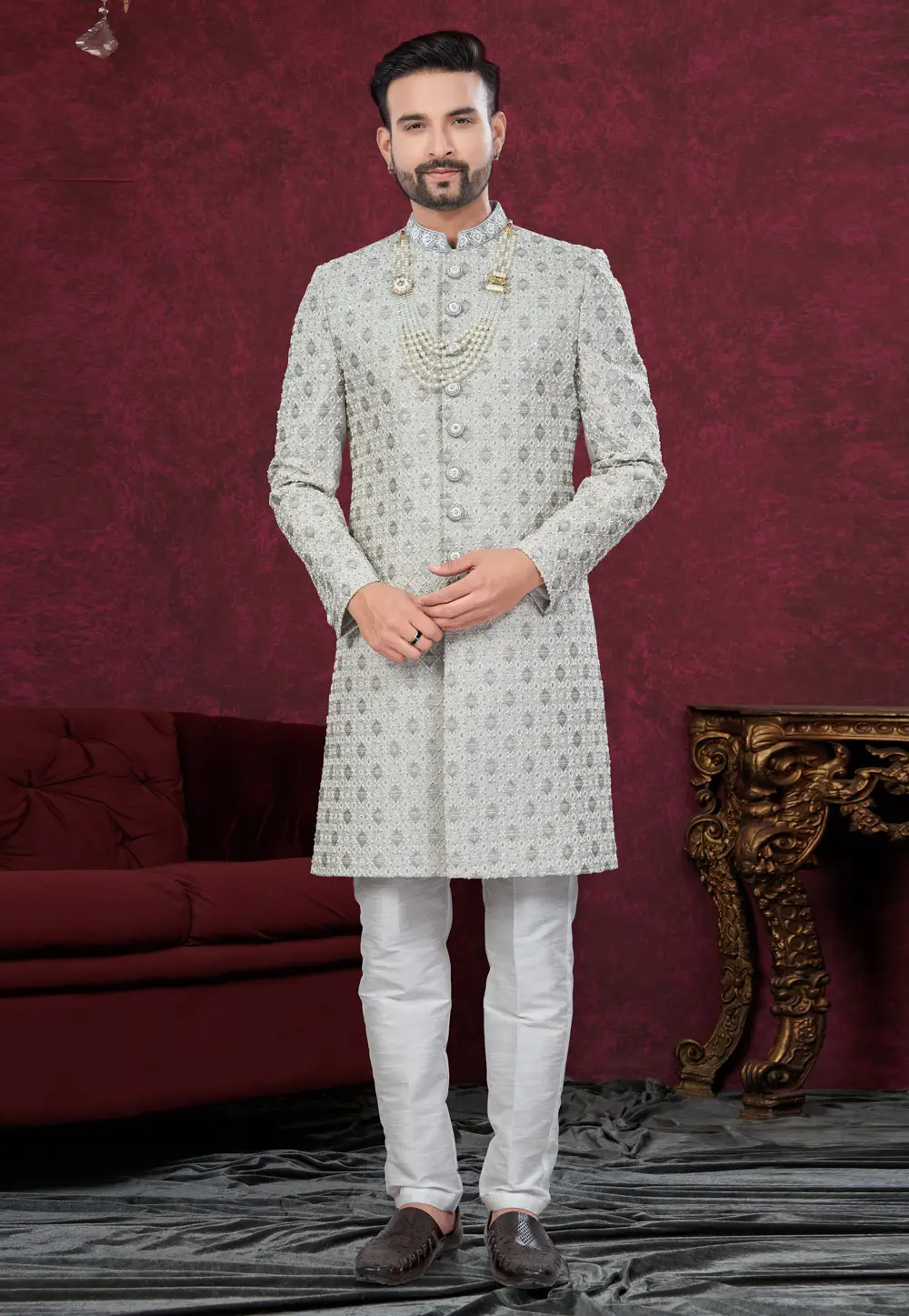 Grey Jacquard Achkan Style Sherwani 295639