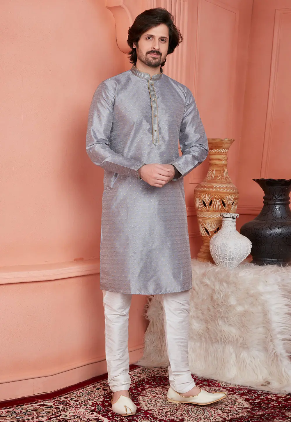 Grey Jacquard Banarasi Kurta Pajama 304310