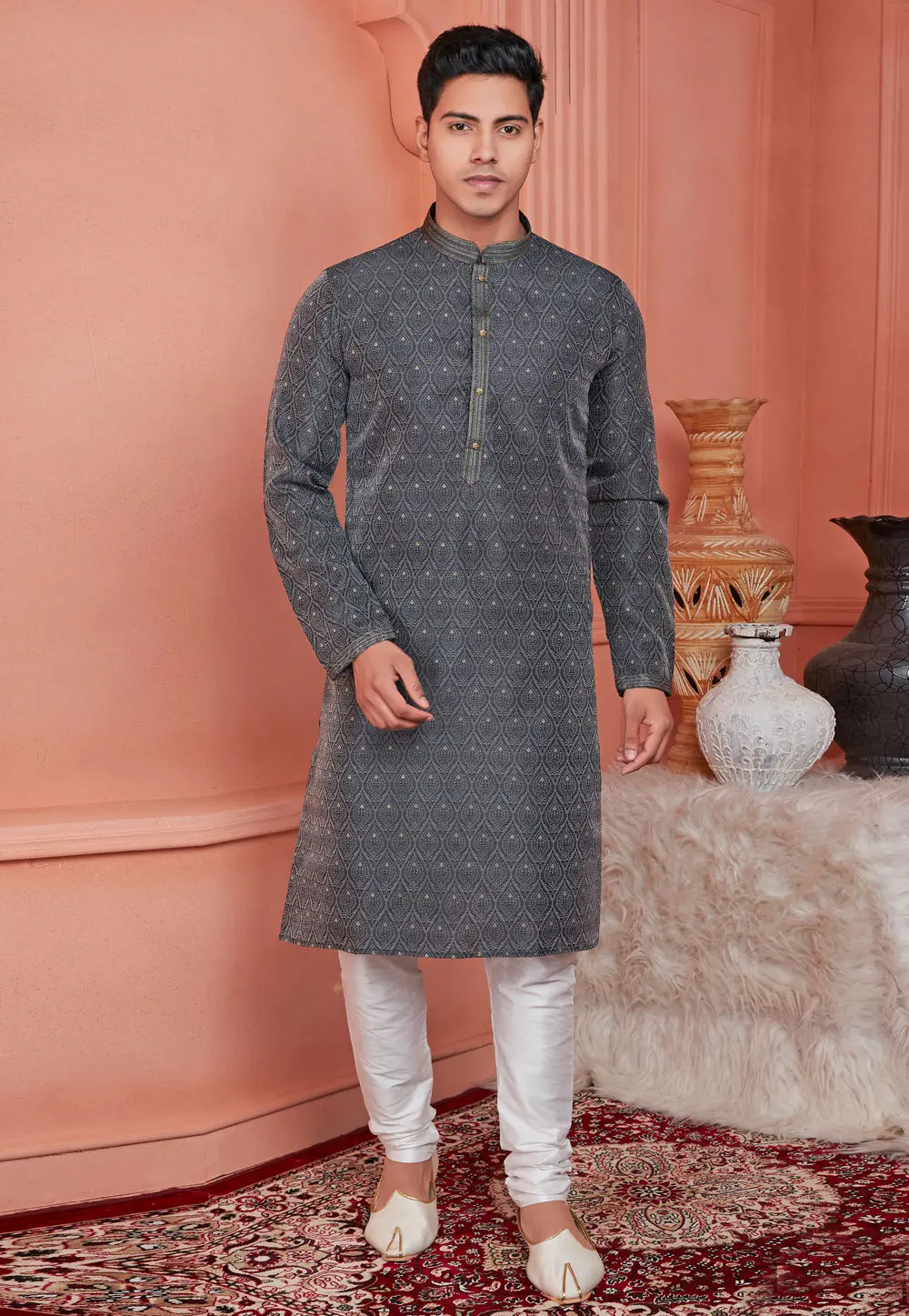 Grey Jacquard Banarasi Kurta Pajama 304313