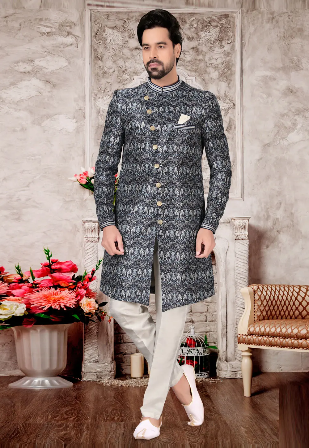 Grey Jacquard Indo Western Sherwani 302971