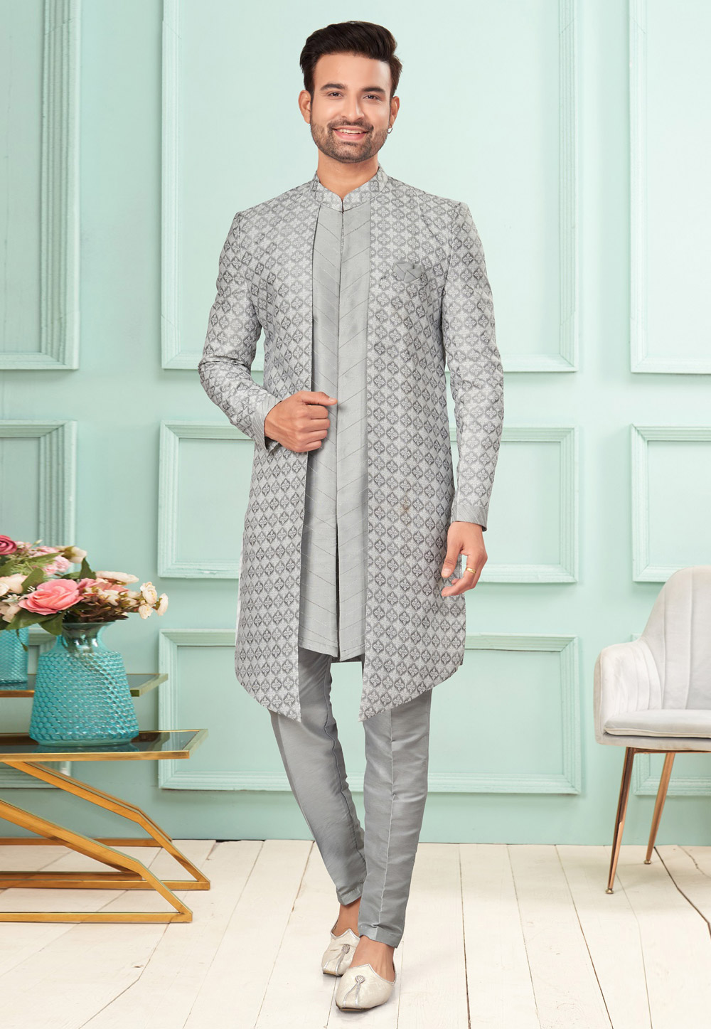 Grey Jacquard Indo Western Suit 283907
