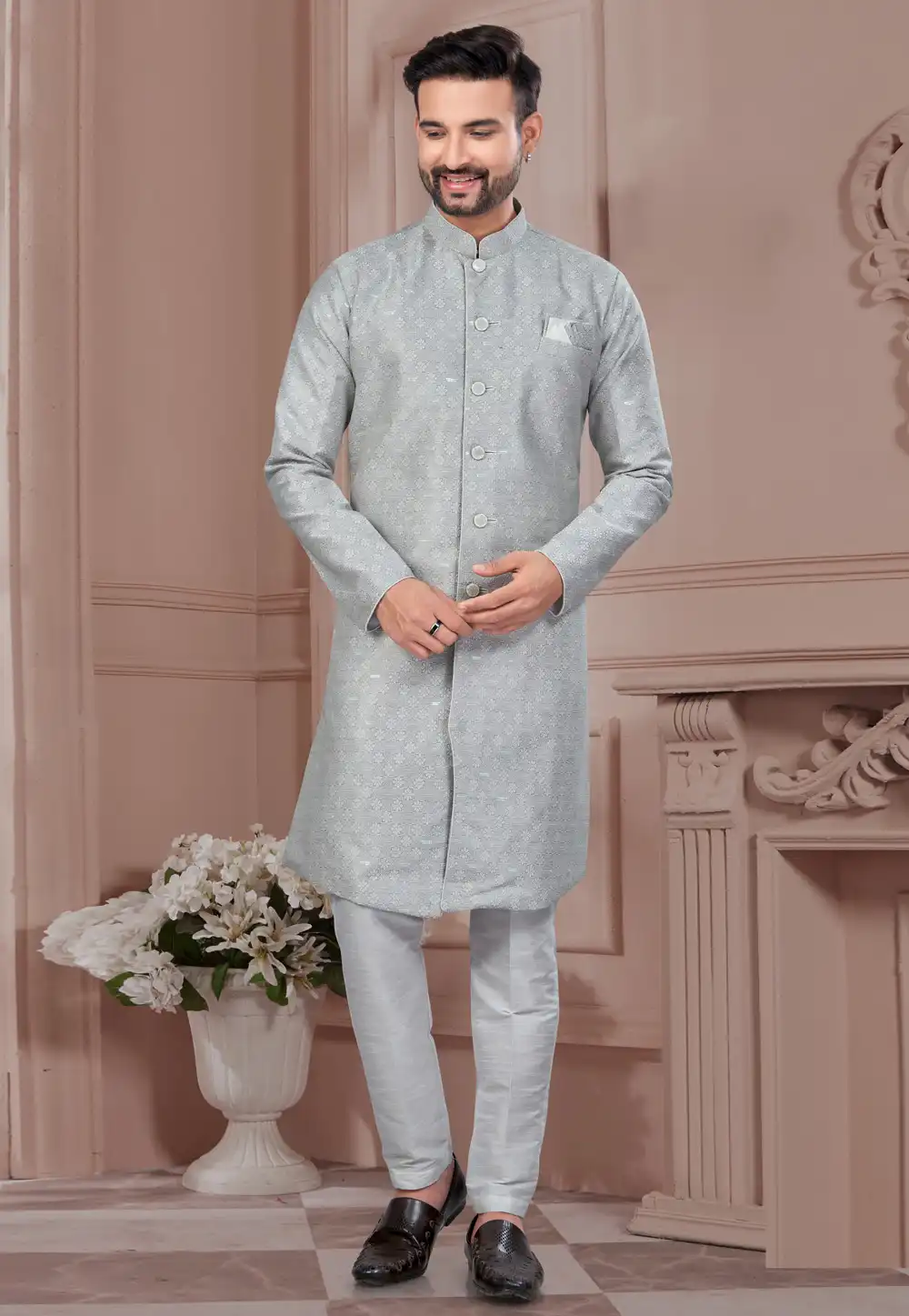 Grey Jacquard Indo Western Suit 294540