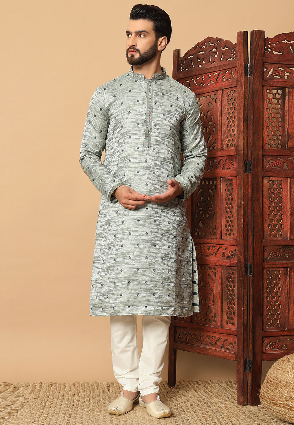 Grey Jacquard Kurta Pajama 304909