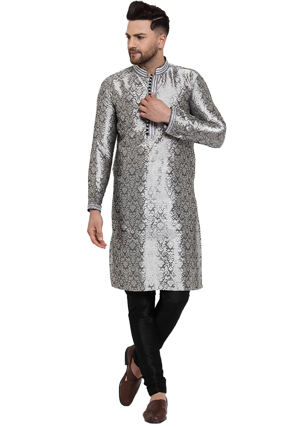 Grey Jacquard Kurta Pajama 310782