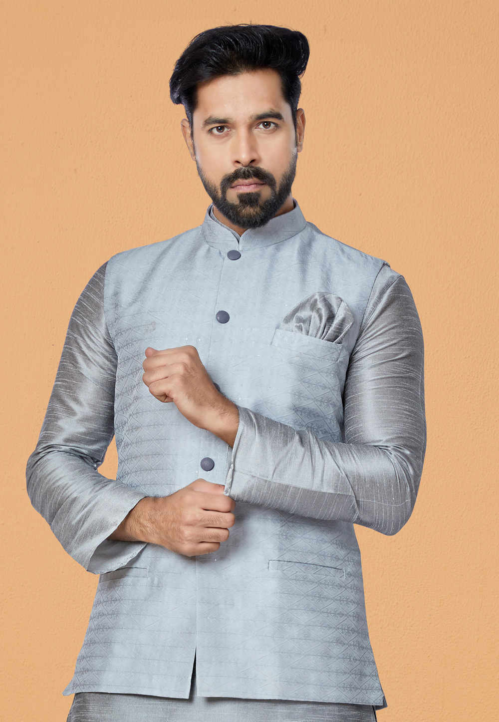 Grey Jacquard Nehru Jacket 286771