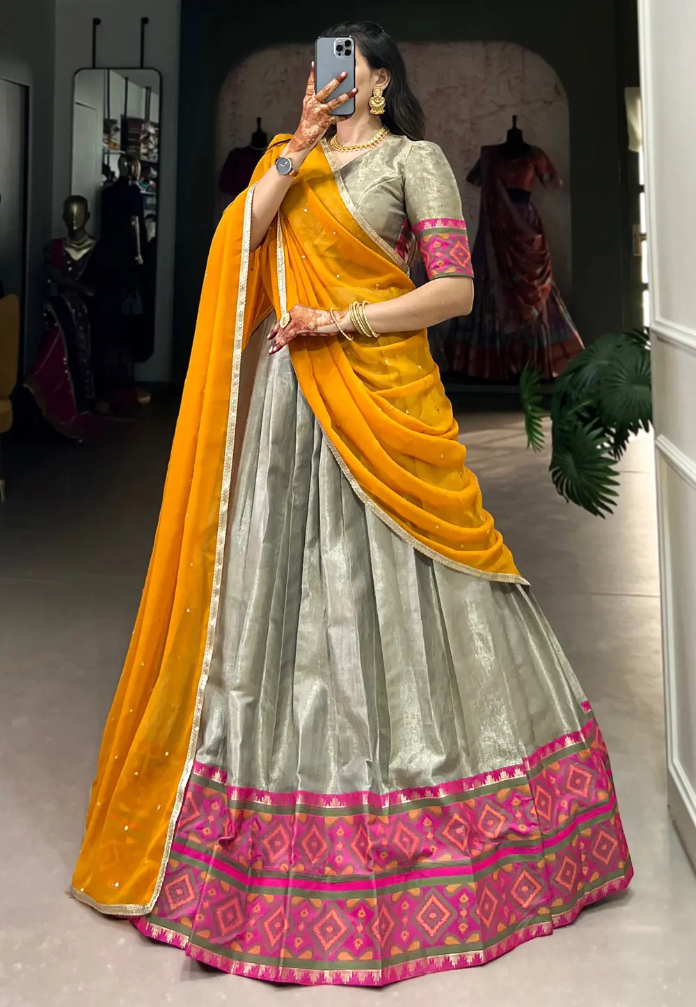 Grey Jacquard Silk Circular Lehenga Choli 299521