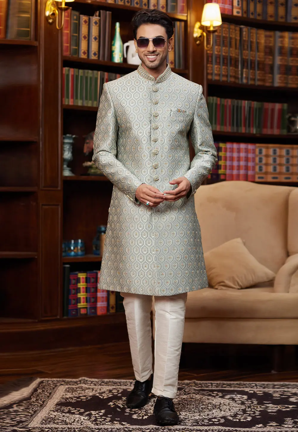 Grey Jacquard Silk Indo Western Sherwani 302223