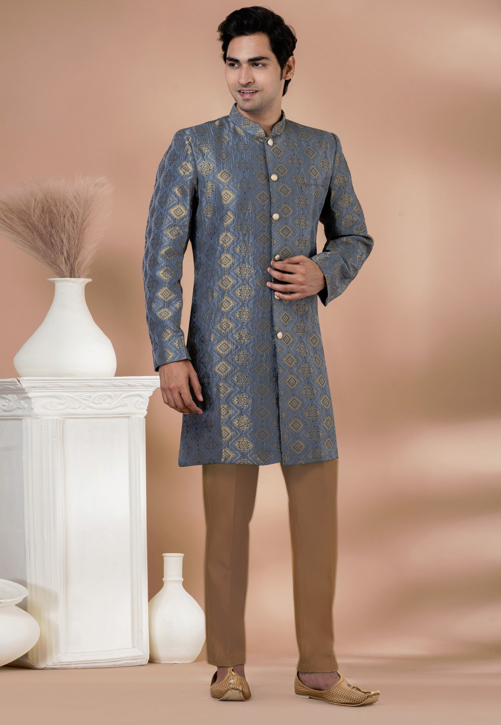 Grey Jacquard Silk Indo Western Suit 283145