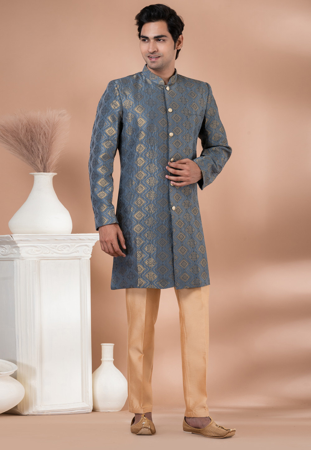 Grey Jacquard Silk Indo Western Suit 283145