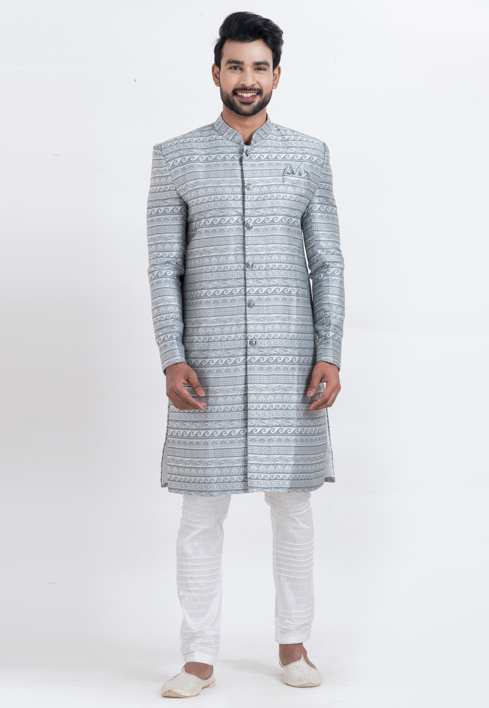 Grey Jacquard Silk Indo Western Suit 310263