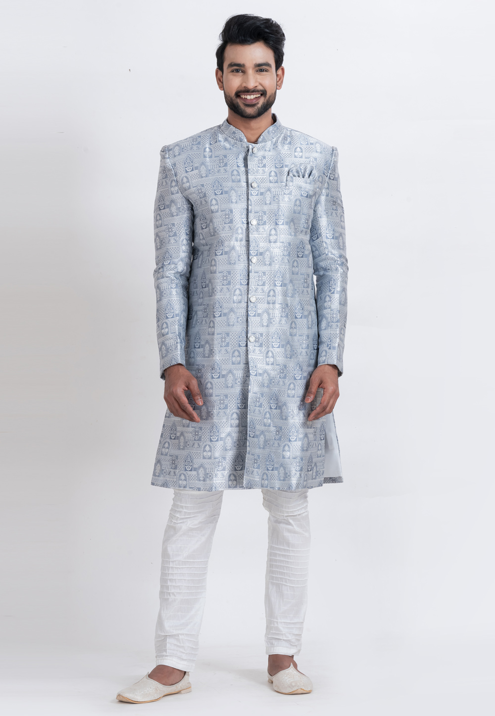 Grey Jacquard Silk Indo Western Suit 310269