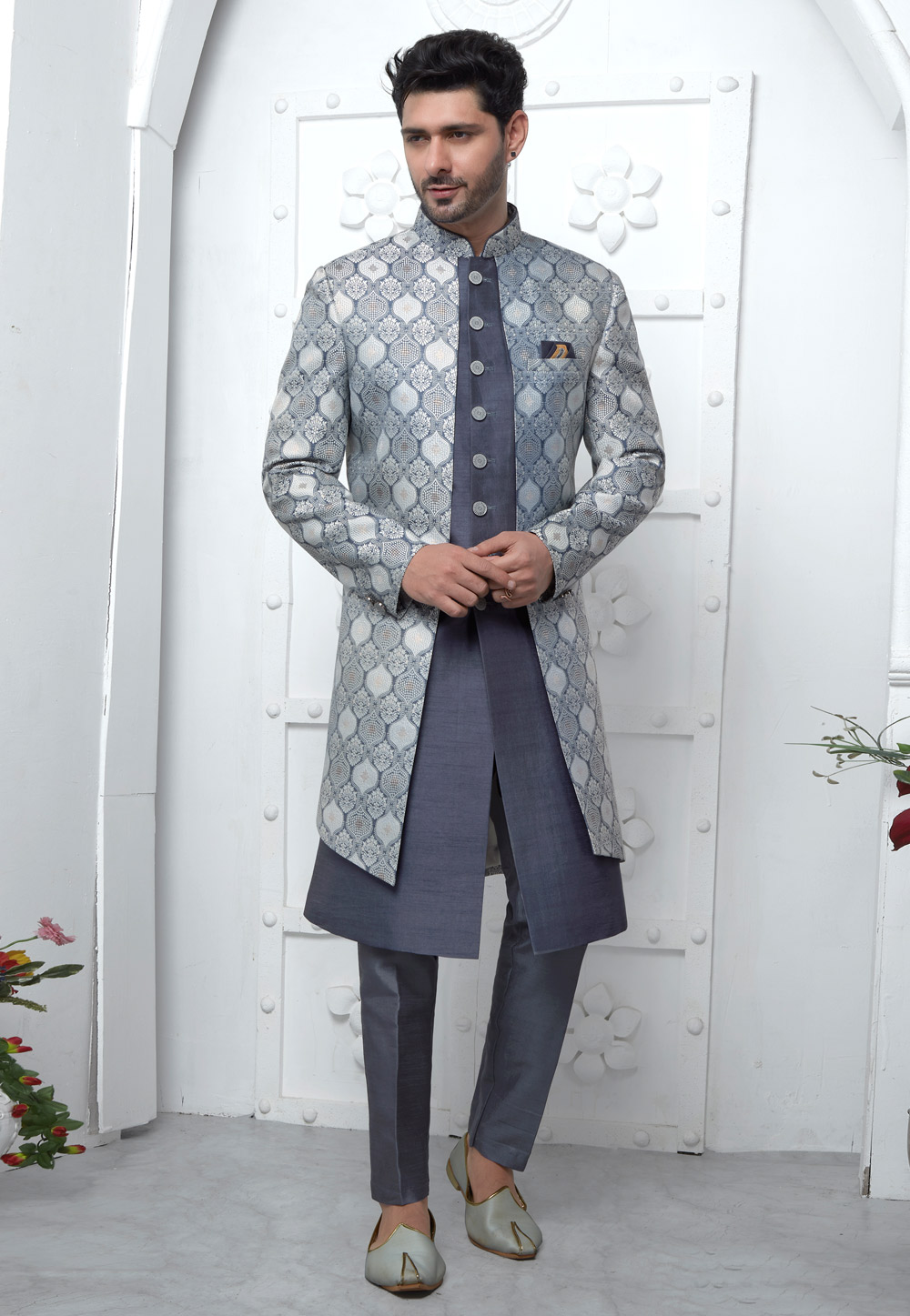 Grey Jacquard Silk Jacket Style Sherwani 280145