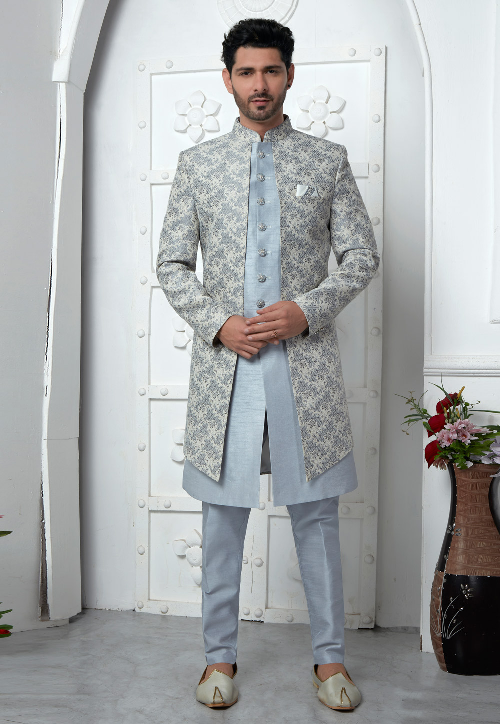 Grey Jacquard Silk Jacket Style Sherwani 280149