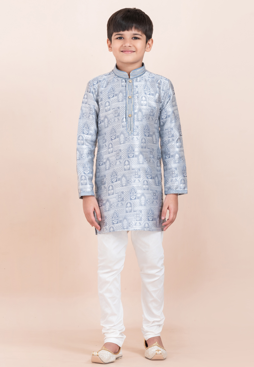 Grey Jacquard Silk Kids Kurta Pajama 305357