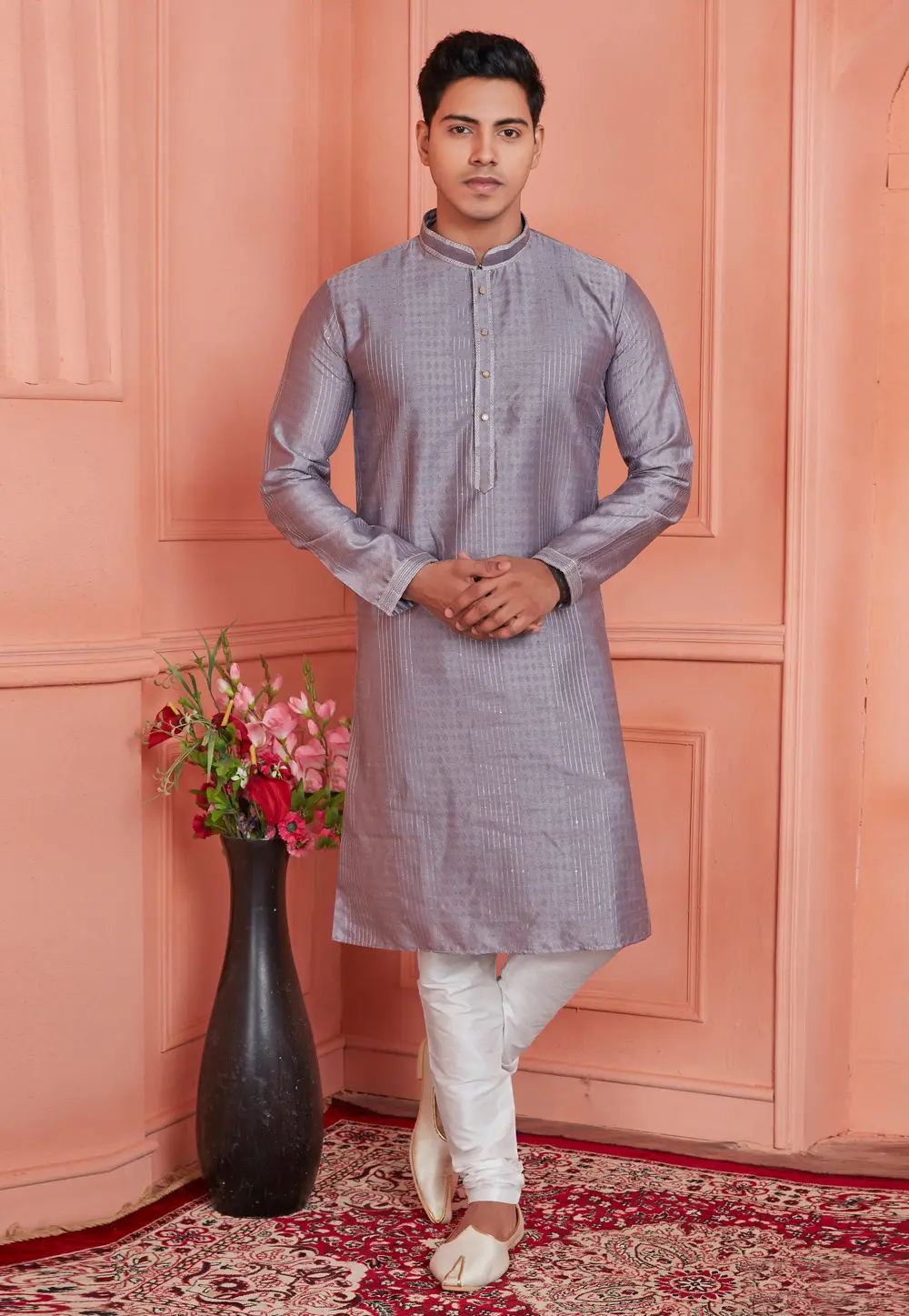 Grey Jacquard Silk Kurta Pajama 304285