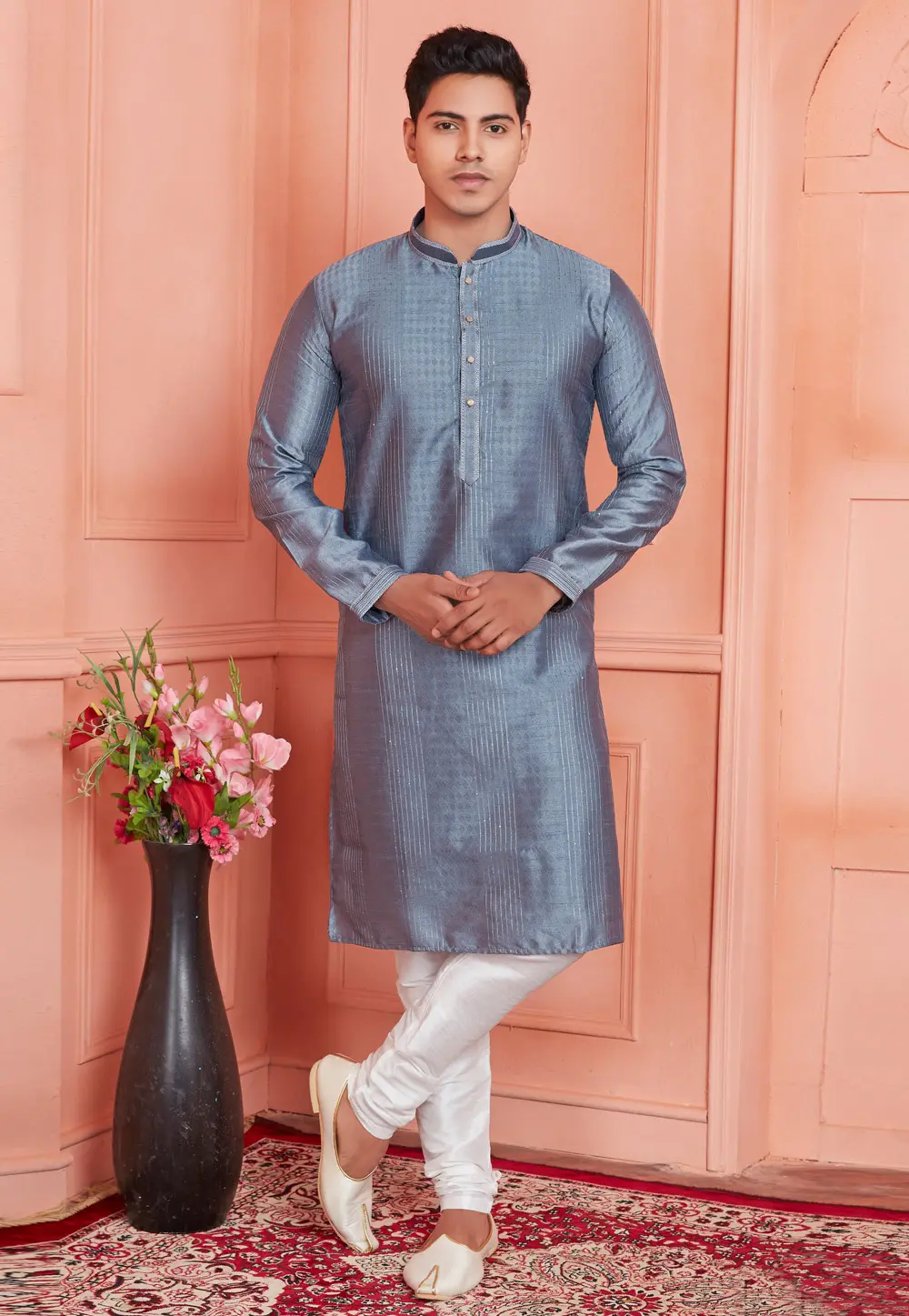 Grey Jacquard Silk Kurta Pajama 304287