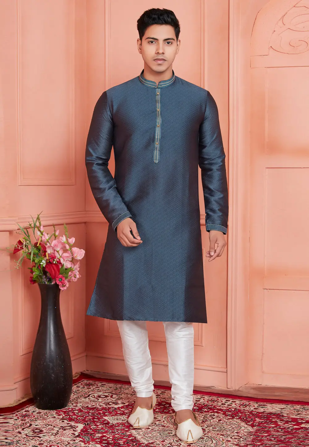 Grey Jacquard Silk Kurta Pajama 304295