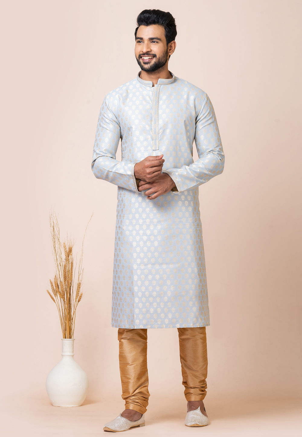 Grey Jacquard Silk Kurta Pajama 286258