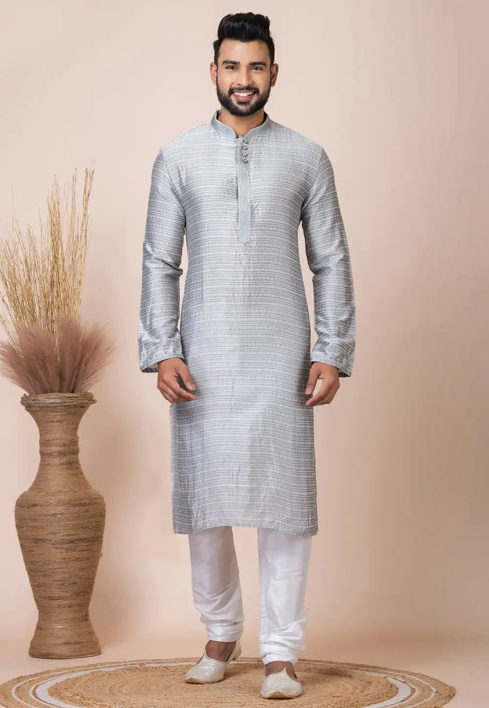 Grey Jacquard Silk Kurta Pajama 293938