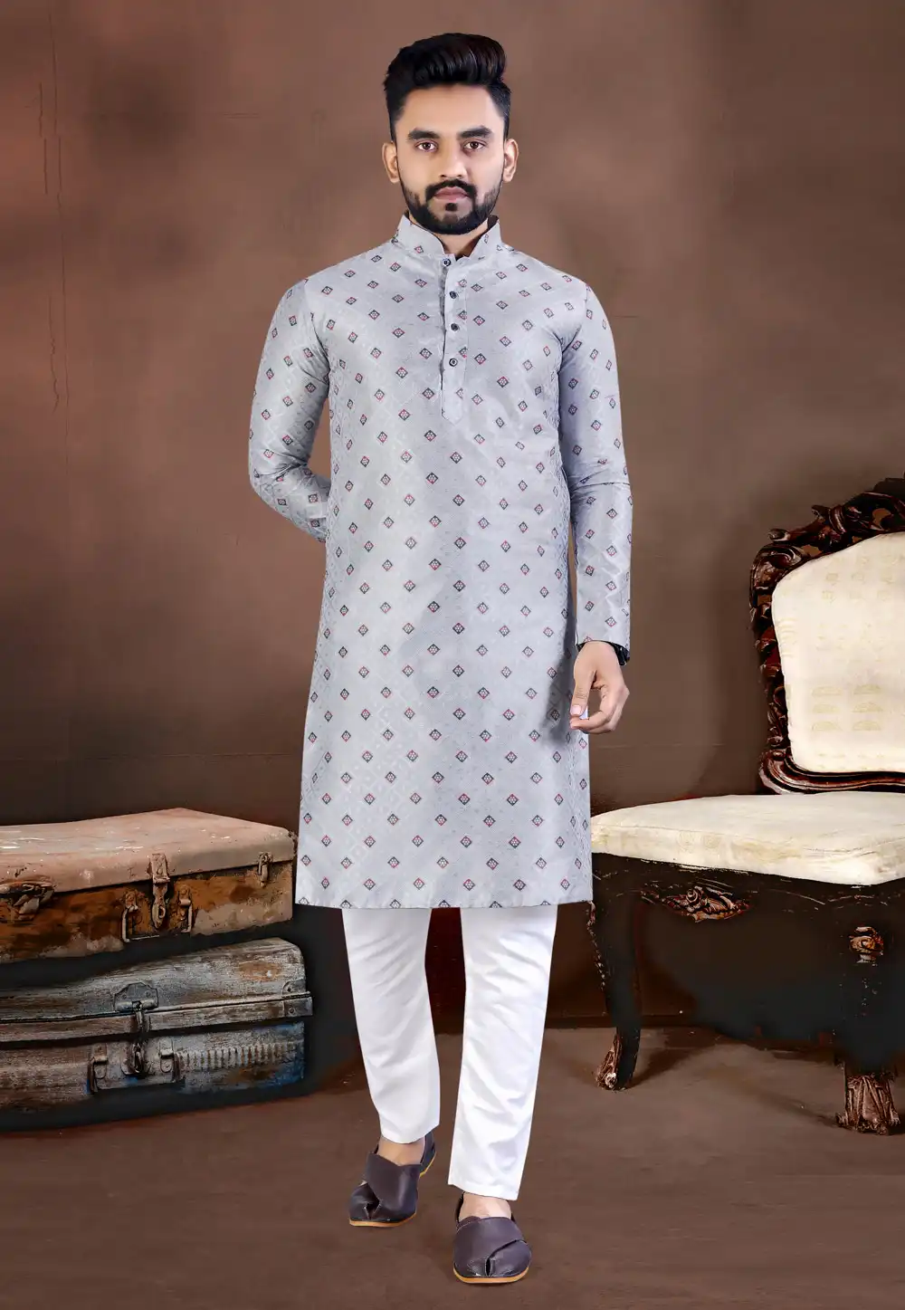 Grey Jacquard Silk Kurta Pajama 293293