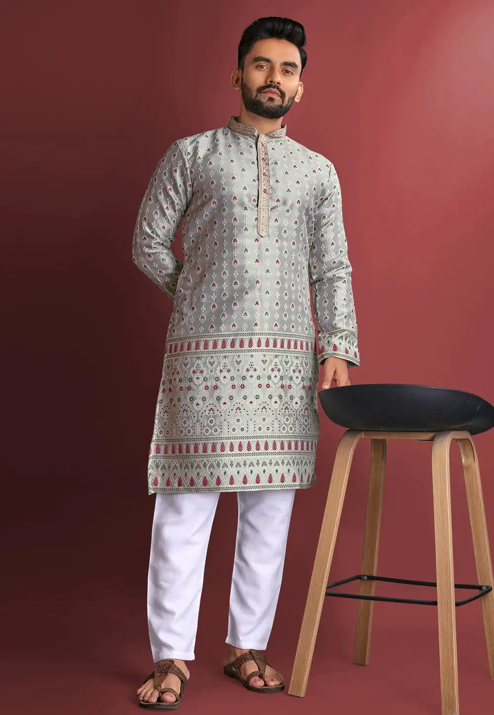 Grey Jacquard Silk Kurta Pajama 293767