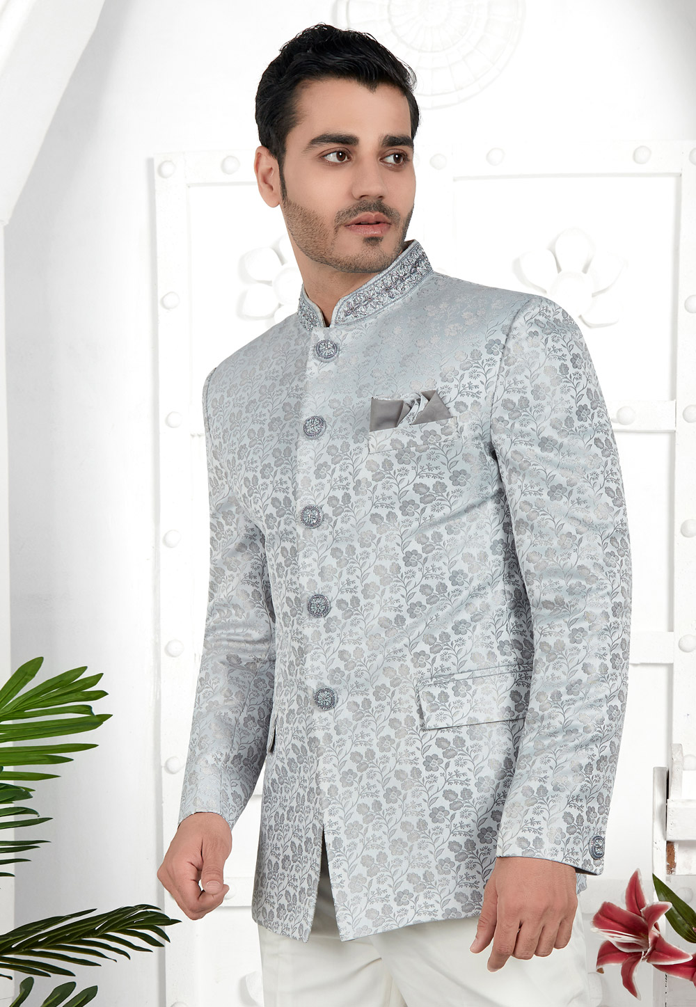 Grey Jacquard Silk Nehru Jacket 280369
