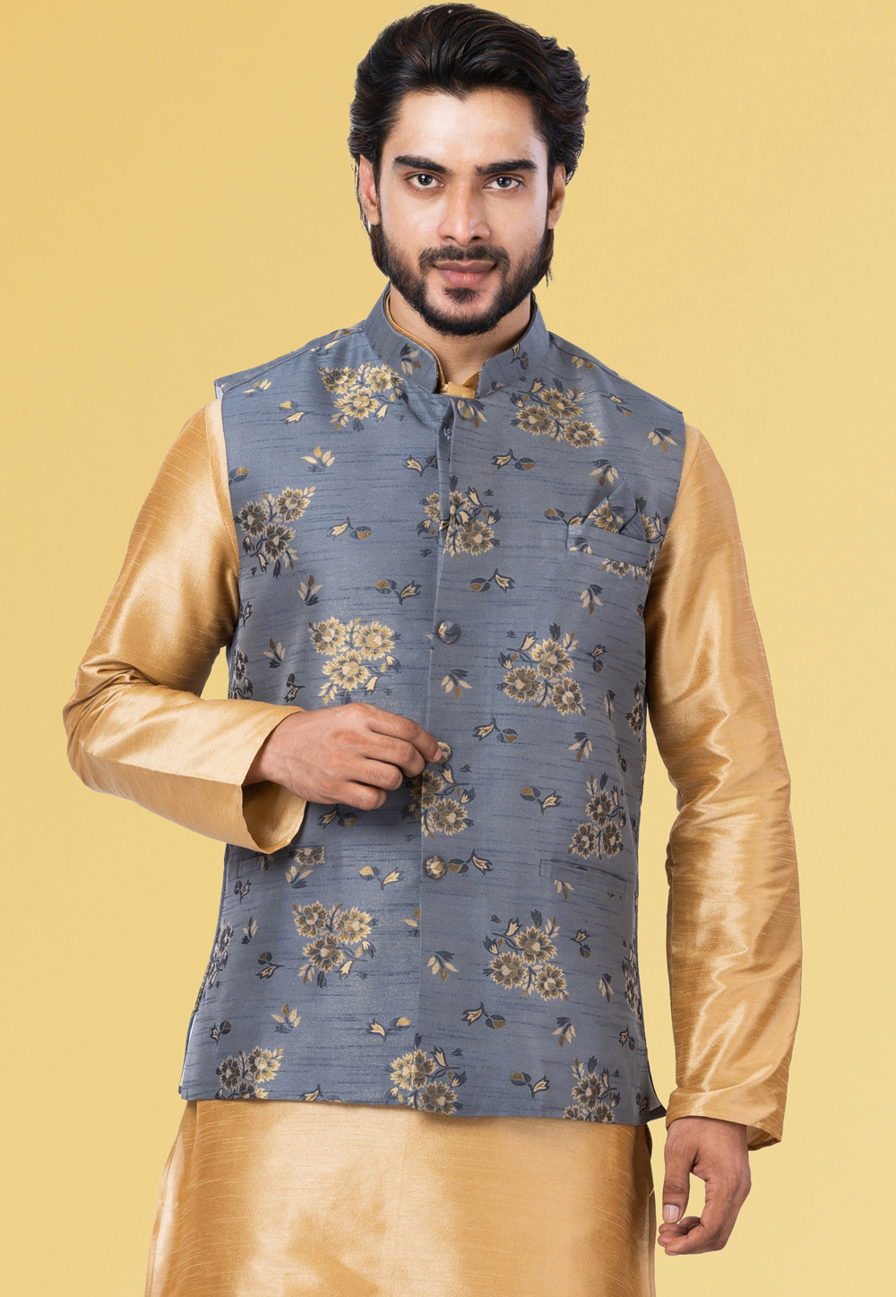 Grey Jacquard Silk Nehru Jacket 286921