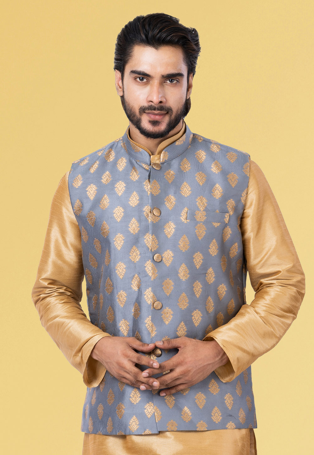 Grey Jacquard Silk Nehru Jacket 286931