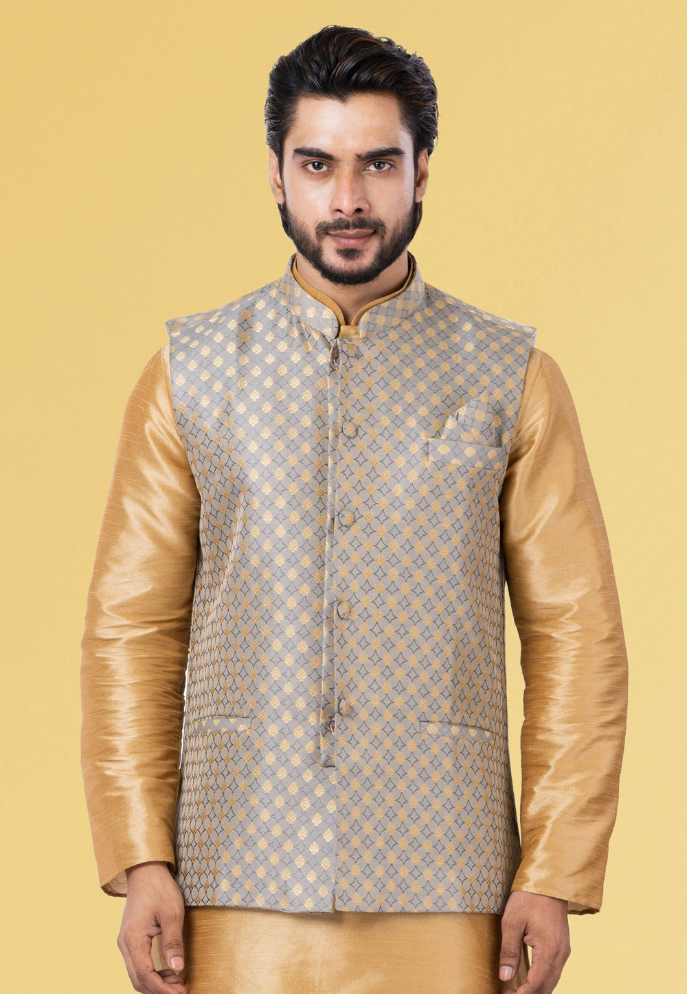 Grey Jacquard Silk Nehru Jacket 286934