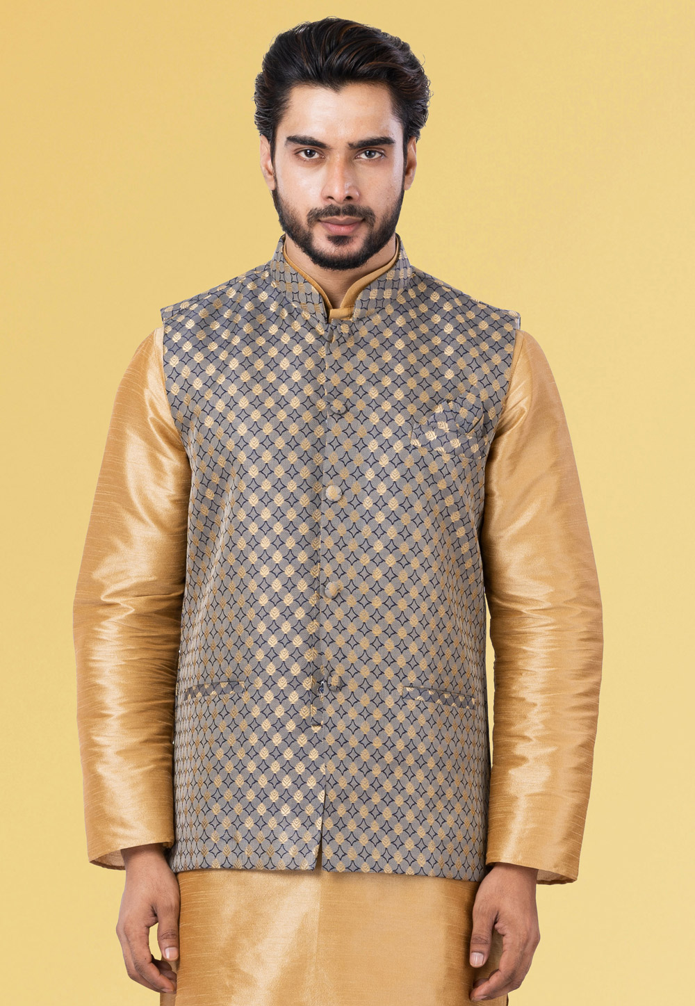 Grey Jacquard Silk Nehru Jacket 286935