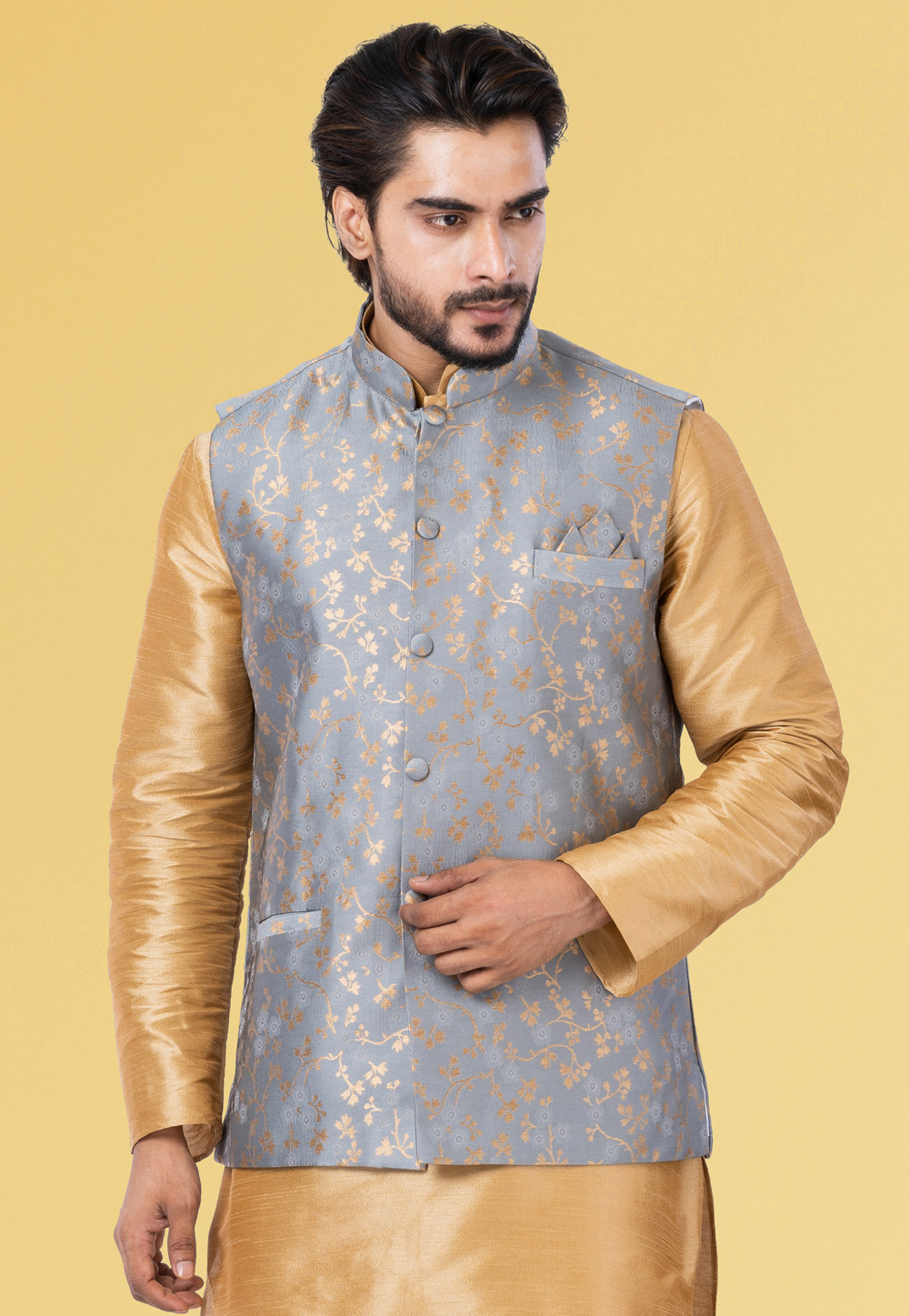 Grey Jacquard Silk Nehru Jacket 286937