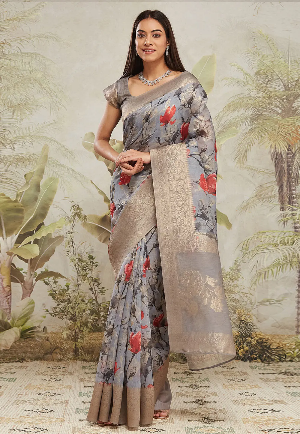 Grey Jacquard Silk Saree With Blouse 299488