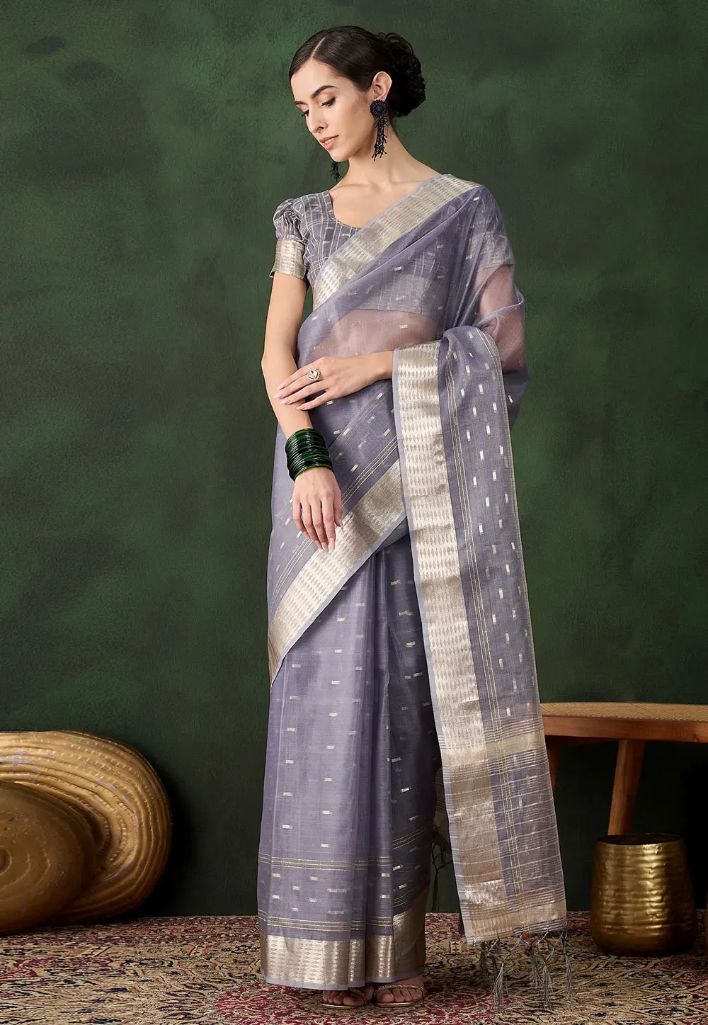 Grey Khadi Saree With Blouse 299388