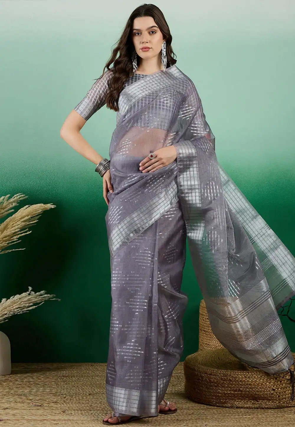 Grey Khadi Saree With Blouse 290230