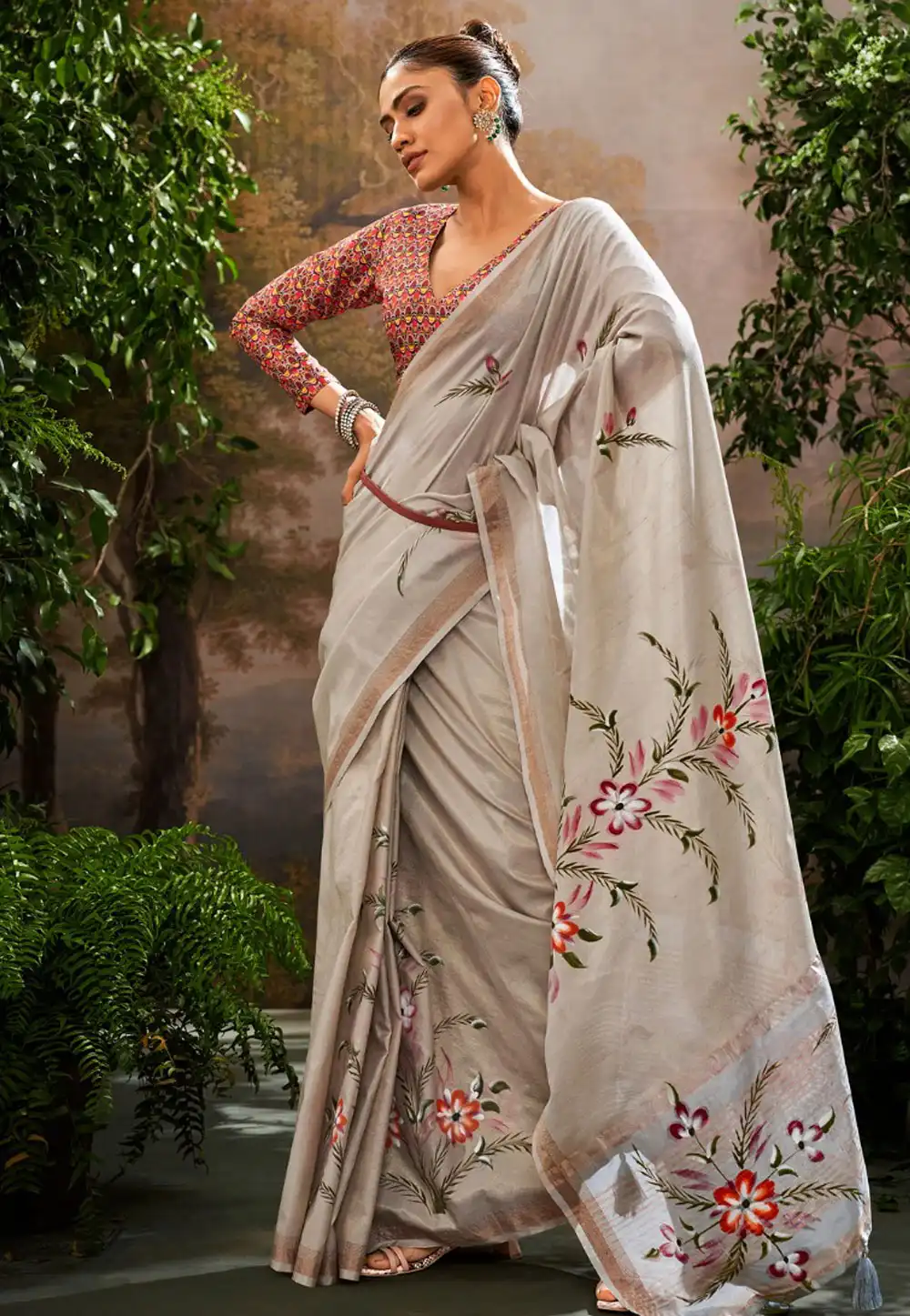 Grey Linen Saree With Blouse 295062