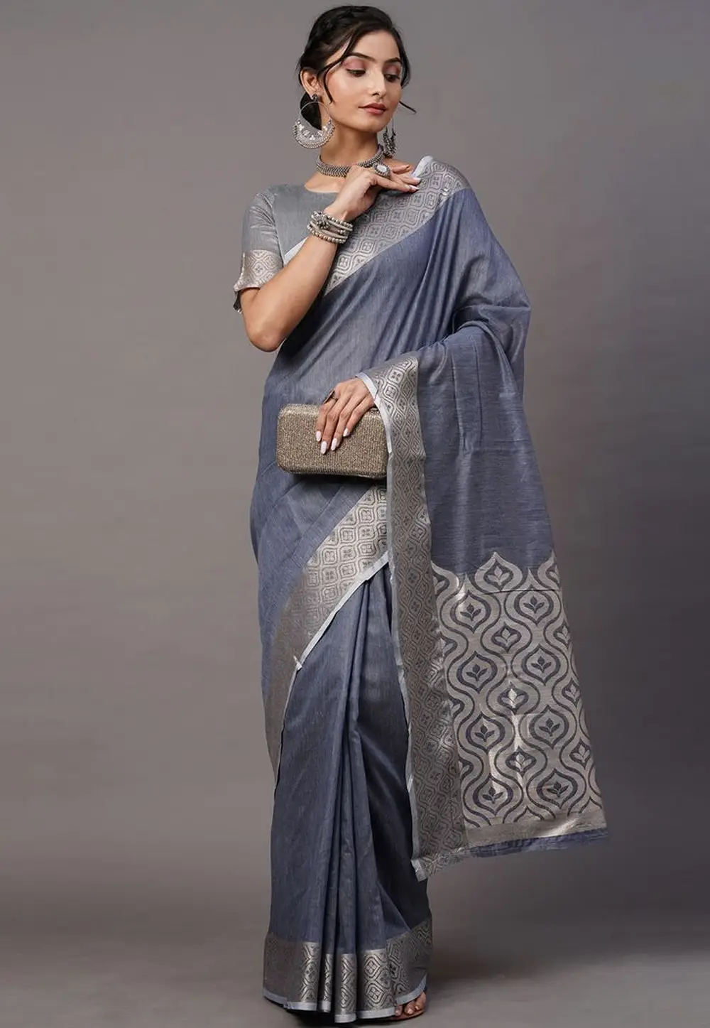 Grey Linen Saree With Blouse 295422